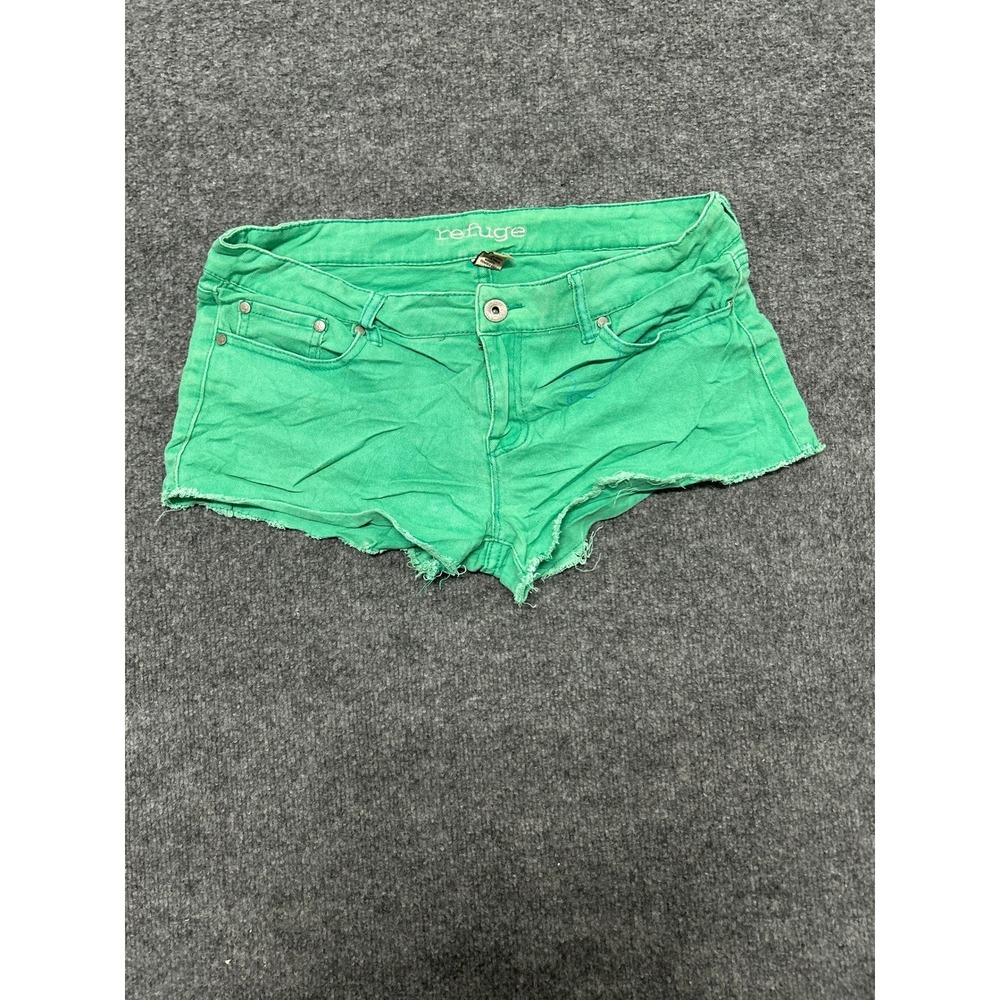 Refuge Shorts Womens Size 12 Green Denim Cut Off Low Rise Raw Hem Casual Stained
